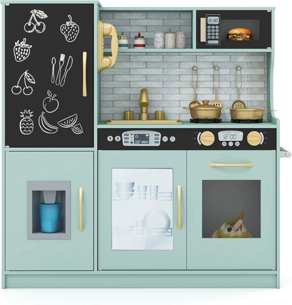 Set da Cucina per Bambini con Lavagna, Telefono, Microonde, Fabbricatore di Ghiaccio, Giocattolo da Cucina in Legno con Accessori e Suoni Simulati per Ragazzi di 3-6 Anni (Verde Menta)