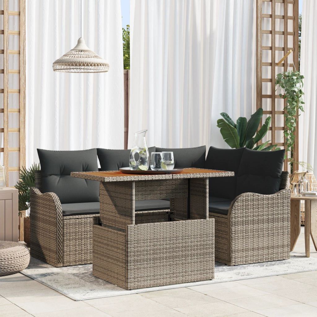 Set Divano da Giardino a 5 Pezzi con Cuscini Grigio Polyrattan