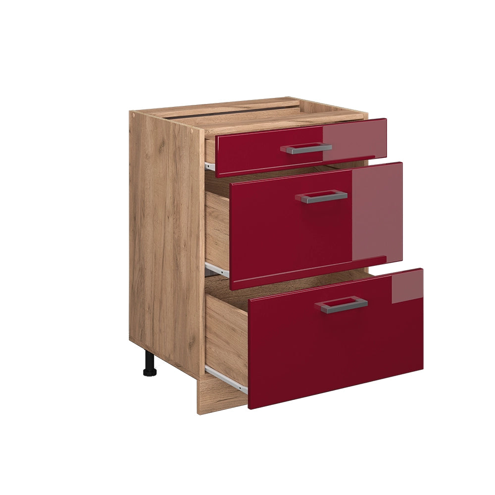 Mobiletto base per cucina R-Line Rosso lucido/Rovere dorato 60 cm con cassetti, senza piano di lavoro Vicco