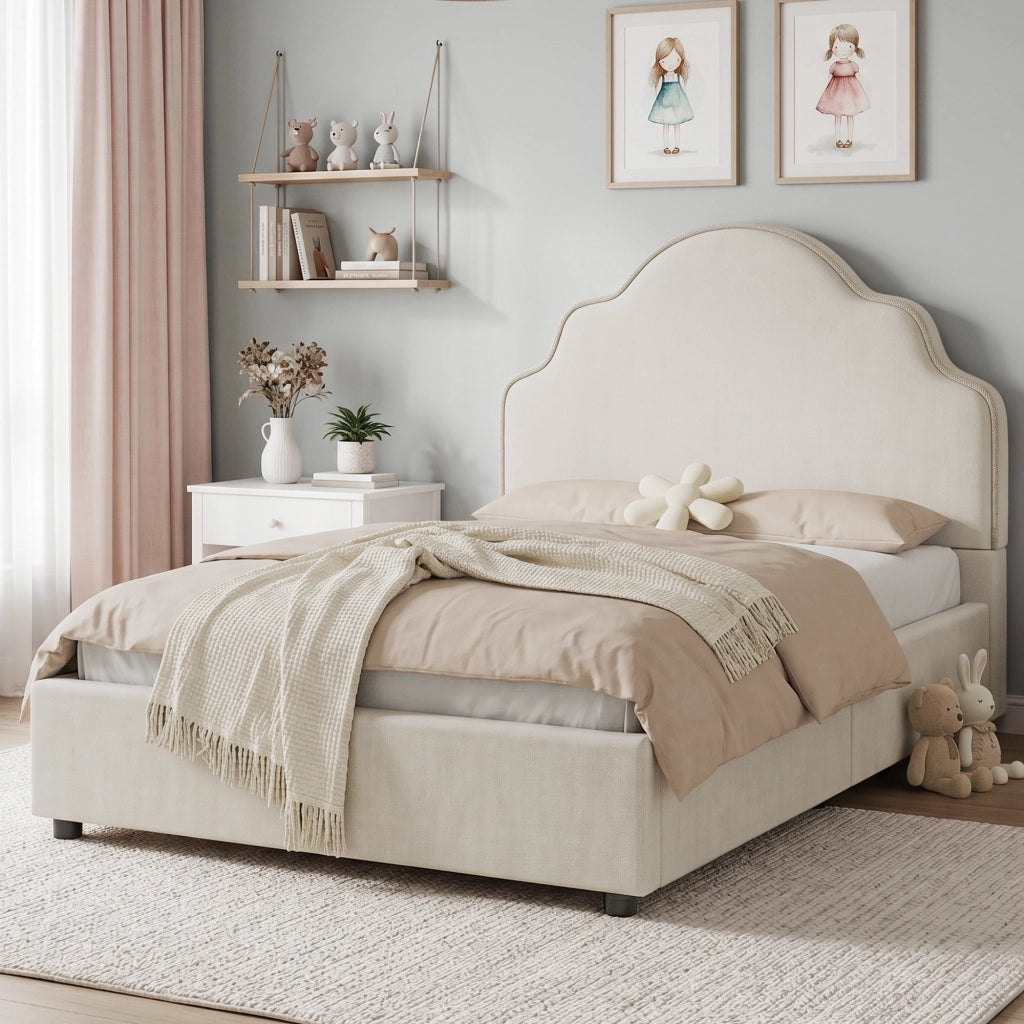 Letto per bambini 90 × 200 cm con testiera imbottita a forma di nuvola, senza materasso, in lino beige