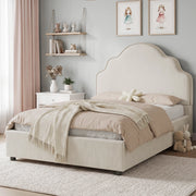 Letto per bambini 90 × 200 cm con testiera imbottita a forma di nuvola, senza materasso, in lino beige