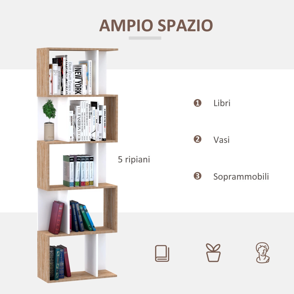 Libreria a 5 Ripiani in Legno ¨C zephmum ¨C Bianco e Legno 60x24x184.5 cm