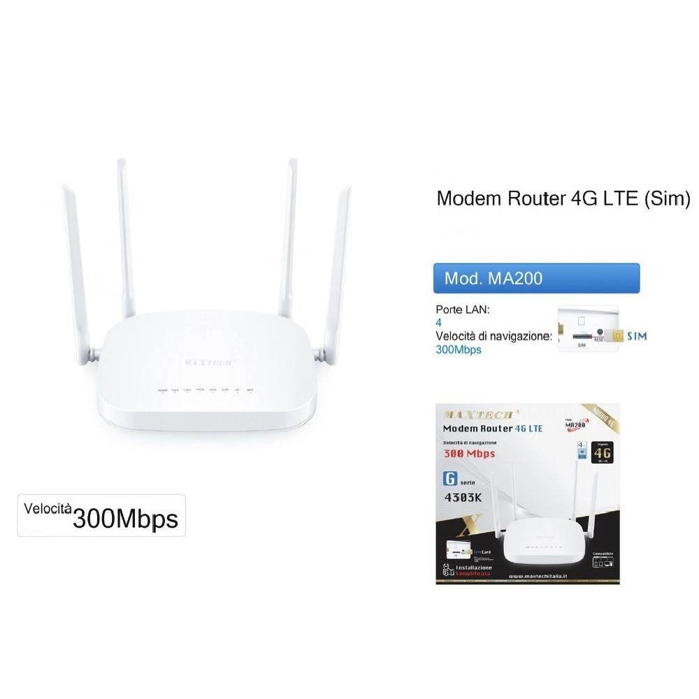 Trade Shop - Modem Router 4g Lte 300mbps Ad Alta Velocità Sim Card 4 Antenne Maxtech Ma200 -