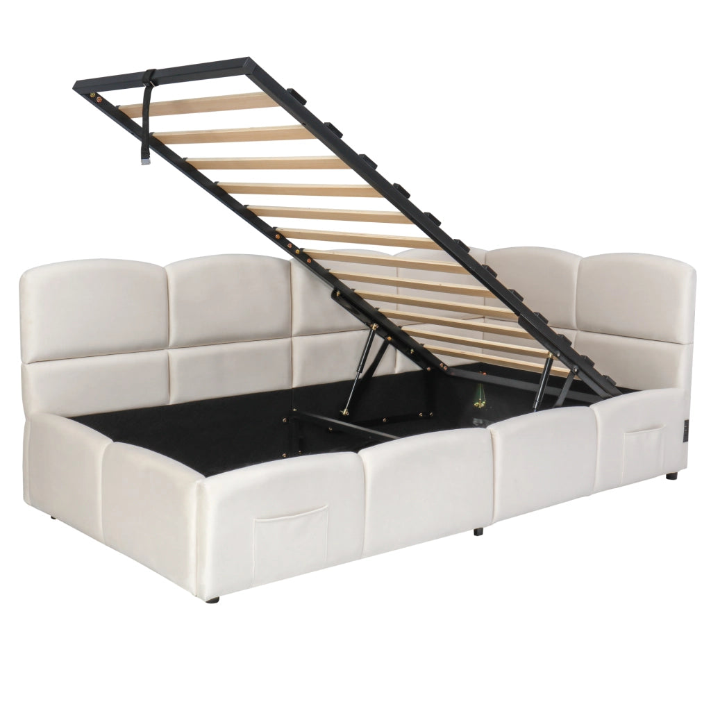 Letto contenitore 90x200 cm in velluto beige con USB-A/USB-C, tasche laterali e struttura idraulica