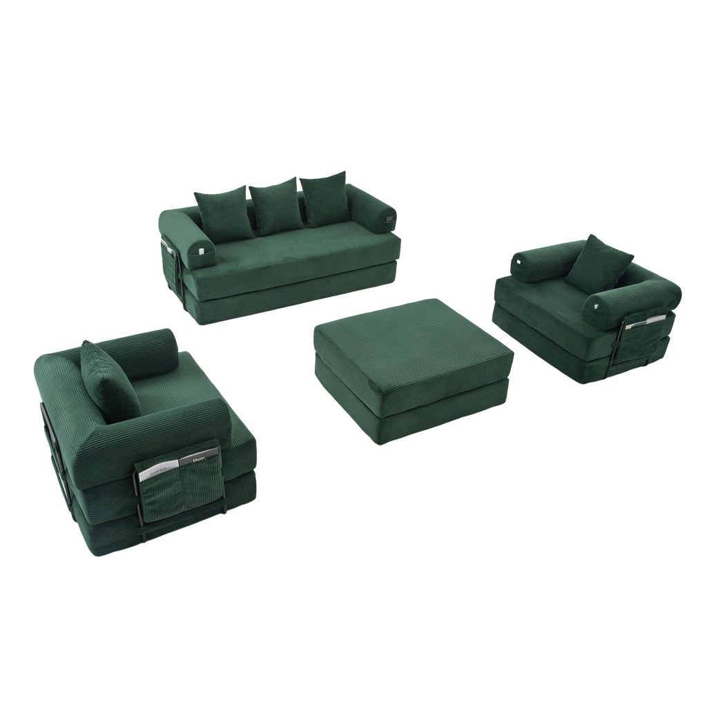 Divano modulare 4 posti con pouf e tasca laterale in velluto a coste verde smeraldo