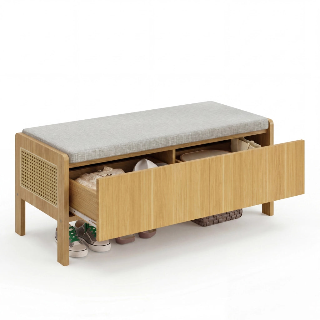 Panca contenitore in bambù e MDF con lati in rattan, grigio