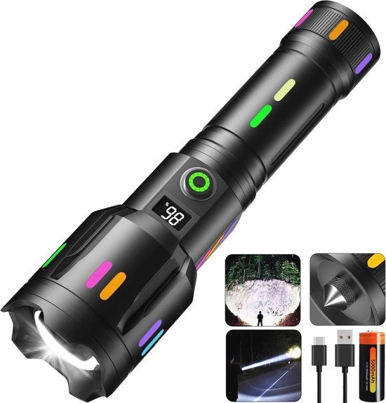 Lanterna LED Ricaricabile 6000 Lumen con Indicatore di Potenza e 6 Modalità di Illuminazione - IP67 Resistente all'Acqua e Zoomabile