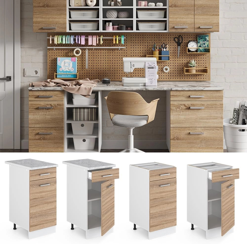 Base universale R-Line, Sonoma, 40 cm con cassetto, senza piano di lavoro, adatto per essere riposto in modo salvaspazio nelle cucine componibili