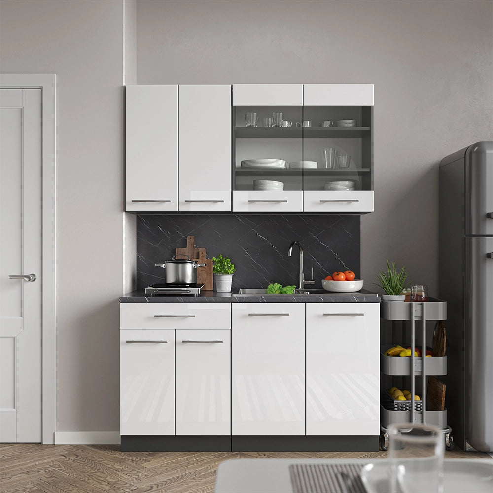 Cucina completa Fame-Line Bianco lucido/Antracite 140 cm, PL Marmo Vicco