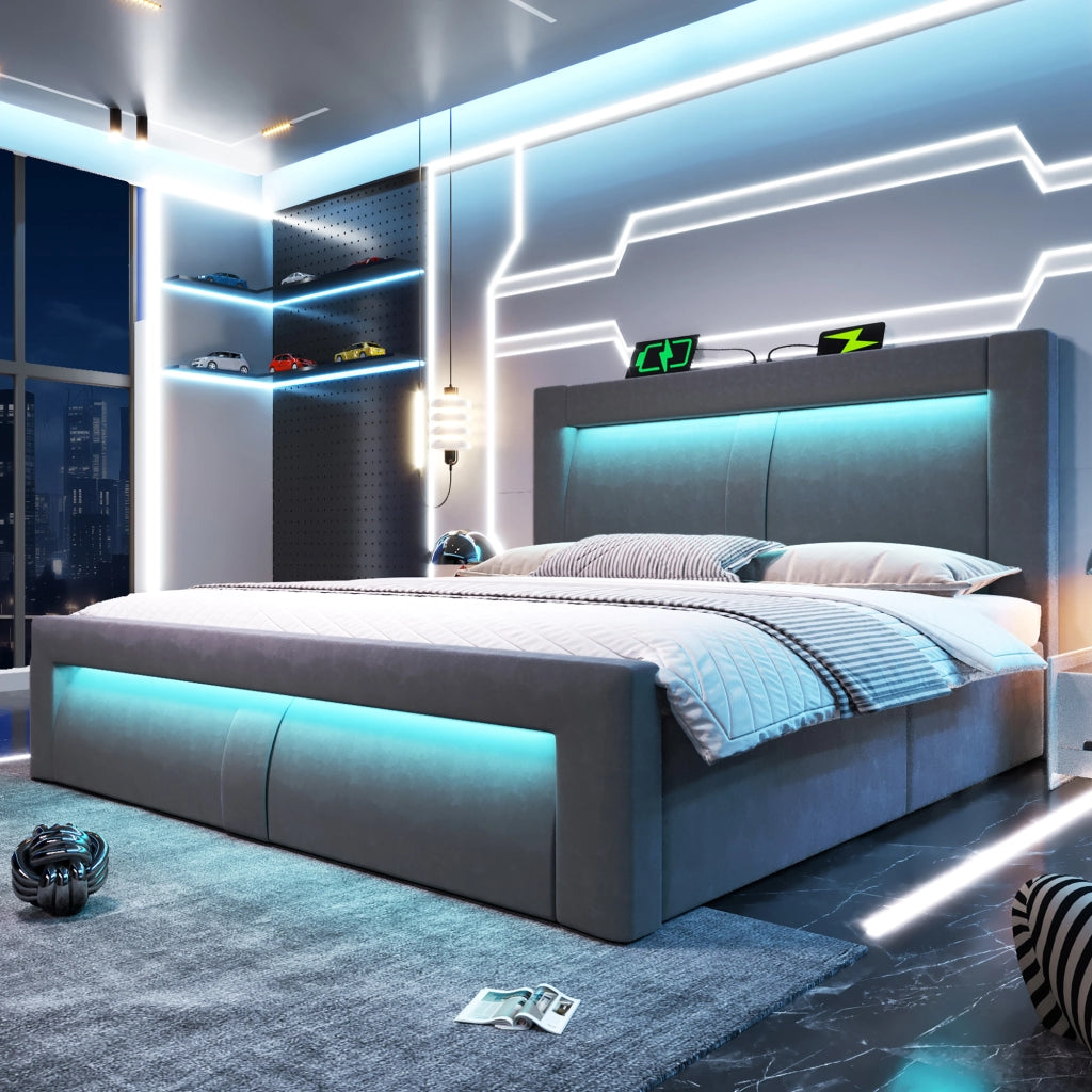Letto contenitore matrimoniale 140 × 200 cm con LED regolabile, USB, Type-C e materasso, velluto grigio