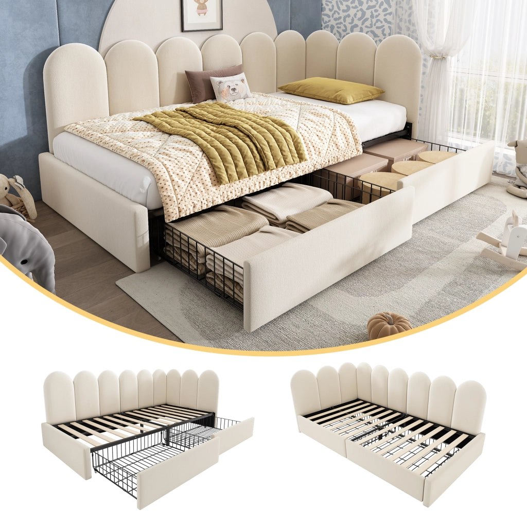 OKWISH Letto Divano 90×190 cm, Letto Singolo con 2 Cassetti e Sponde Reversibili, senza Materasso, in Velluto, Beige