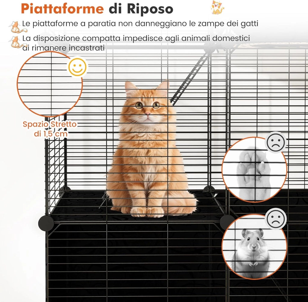 Gabbia Grande per Gatti, Recinzione da Interno per Gattini in Filo Metallico a 3 Livelli, Recinto per Esterno Smontabile con 2 Rampe, per Furetti, Conigli, Porcellini d'India
