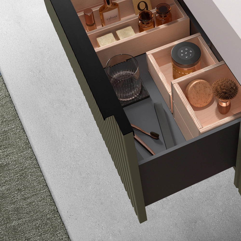 Mobile bagno sospeso 70 cm verde opaco cannettato con cassetto e lavabo Nara