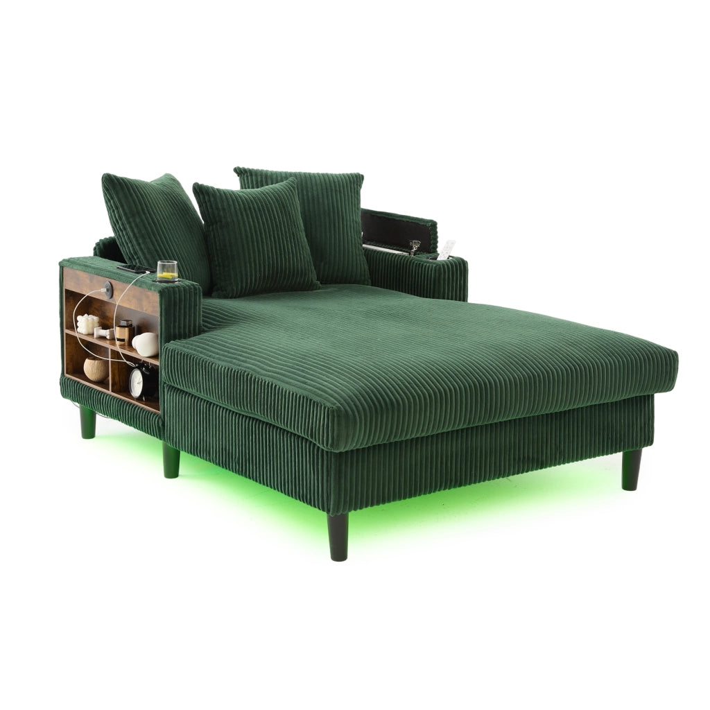 Divano Angolare in Velluto a Coste con Chaise Longue ¨C MINIMAL ¨C con LED, USB, Contenitore, Portabicchieri