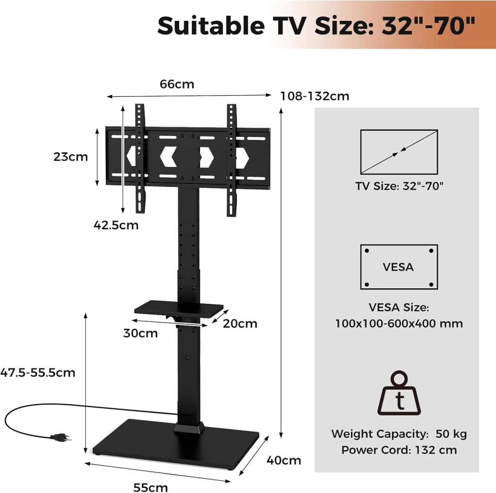Supporto TV da Pavimento per LCD LED da 32-70 Pollici, Porta TV Regolabile in Altezza a 7 Livelli, Carico 50 KG, VESA Max 600 X 400 MM, con Presa Integrata, Ripiano per TV Piatto/Curvato