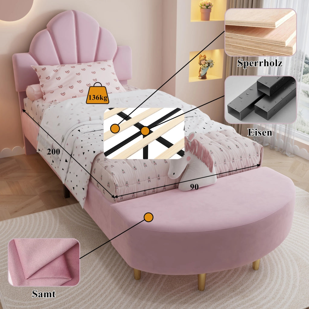 Letto Singolo 90 x 200 cm - Testiera in Velluto; Panca Coordinata e Bordi Morbidi