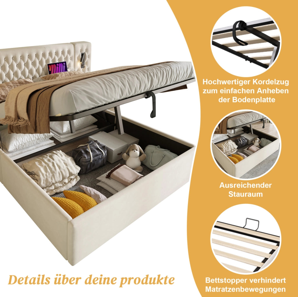 Letto matrimoniale 180x200 in velluto beige con comodini e USB