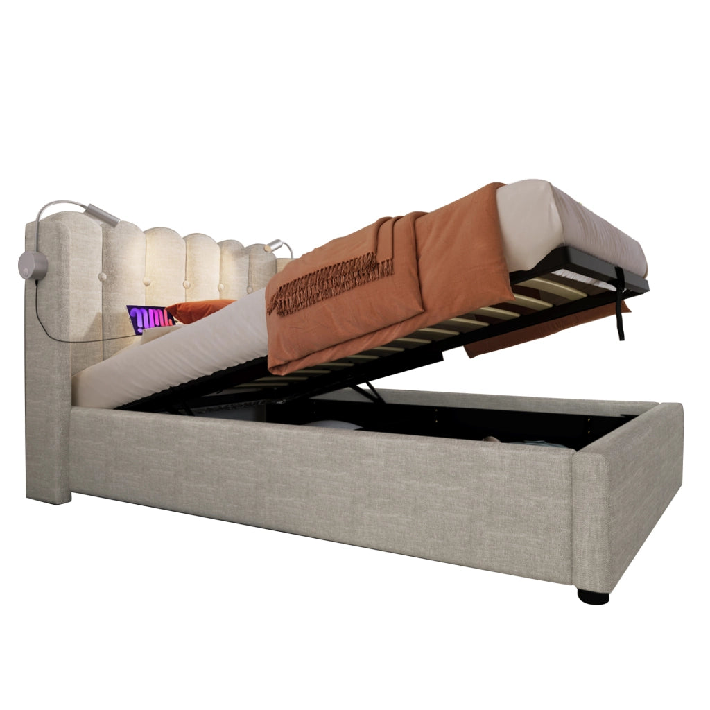 Letto singolo imbottito 90x200 cm in lino beige con luce da lettura; USB e contenitore