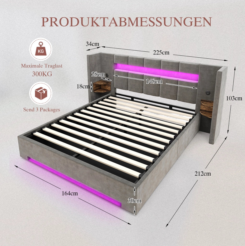 Letto matrimoniale 160x200 cm in velluto grigio scuro con LED e USB