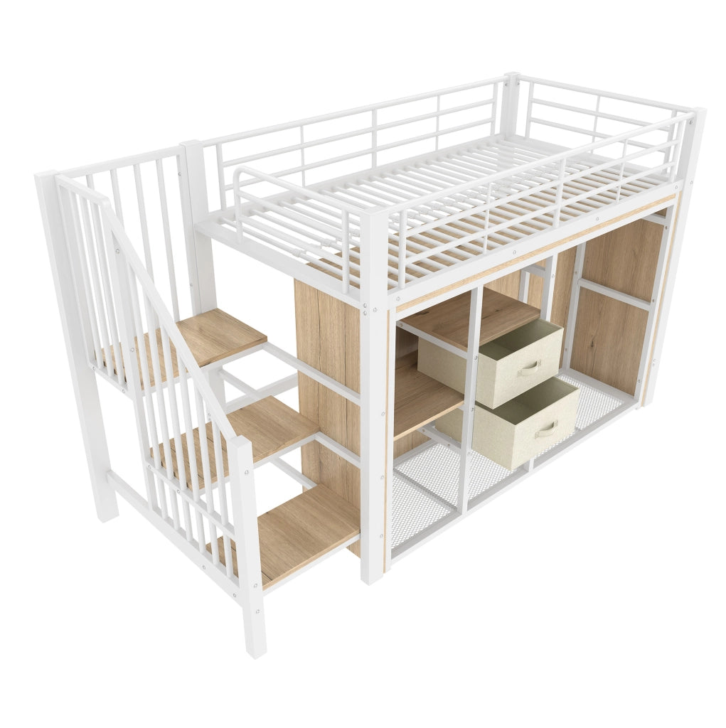 Letto a soppalco ULEVR 90x200 cm con 2 cassetti, appendiabiti aperto e LED multicolore, bianco