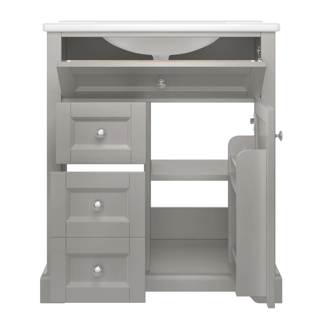 Mobile lavabo da bagno a pavimento 76x46x87 cm grigio con lavabo in ceramica, 2 cassetti, ripiano regolabile e chiusura ammortizzata