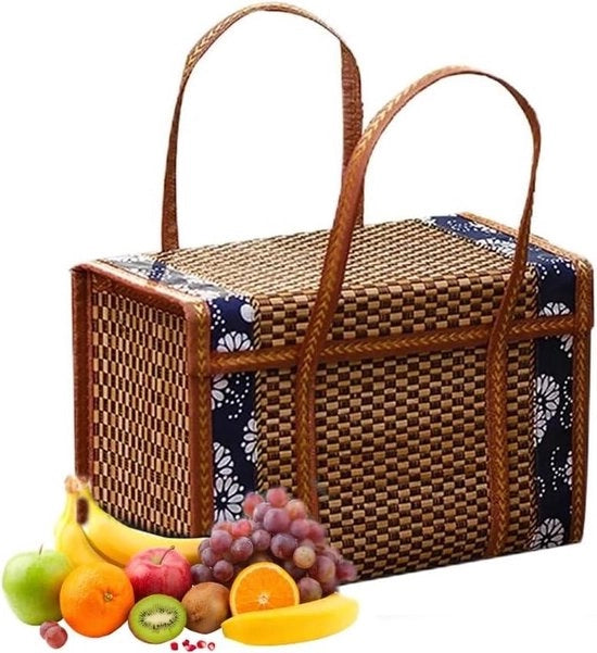 Borsa picnic in bambù tessuto con coperchio e maniglia - borsa per spesa - borsa per verdure e frutta in erba - borsa regalo per campeggio all'aperto - Natale - San Valentino