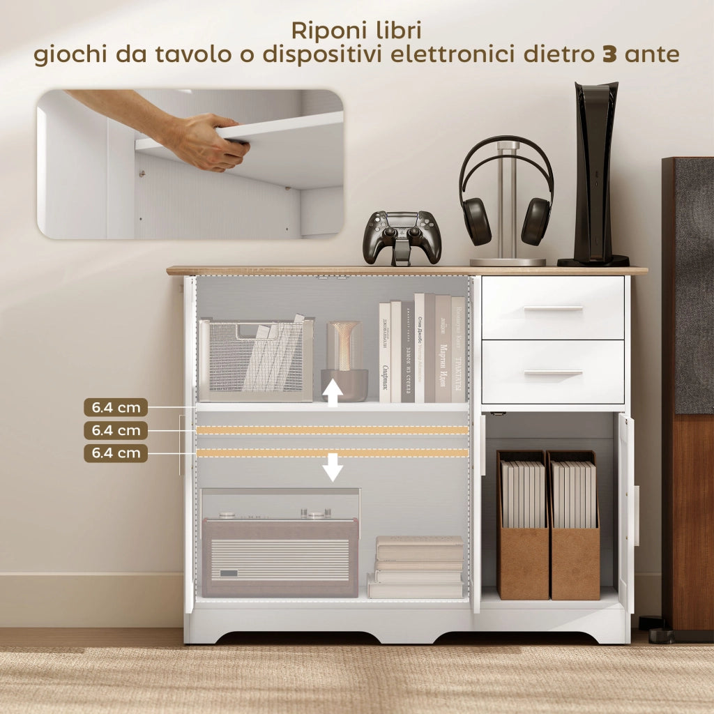 Credenza Moderna Buffet 100x40x78 cm con 2 Cassetti e 2 Armadietti in Legno Bianco e color Legno