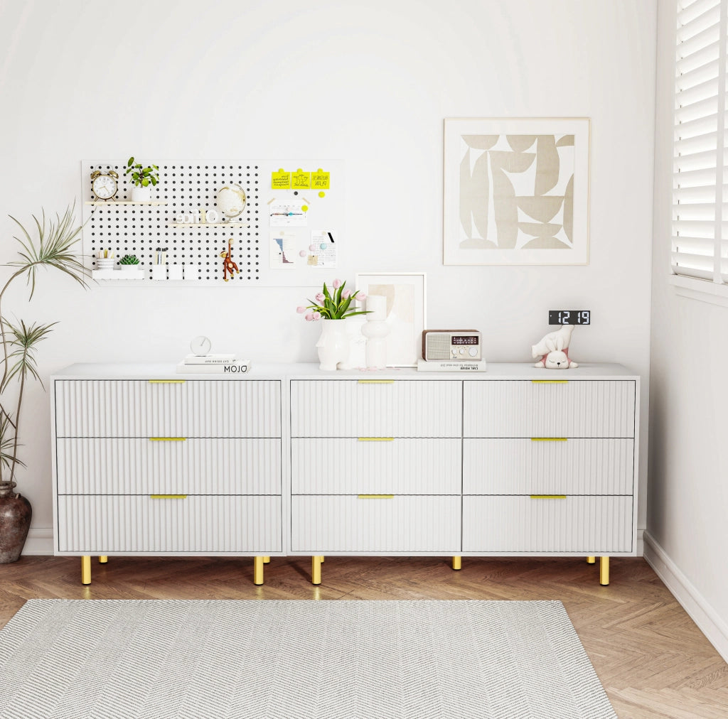 Set di mobili contenitori modulari con 9 cassetti in MDF bianco e oro