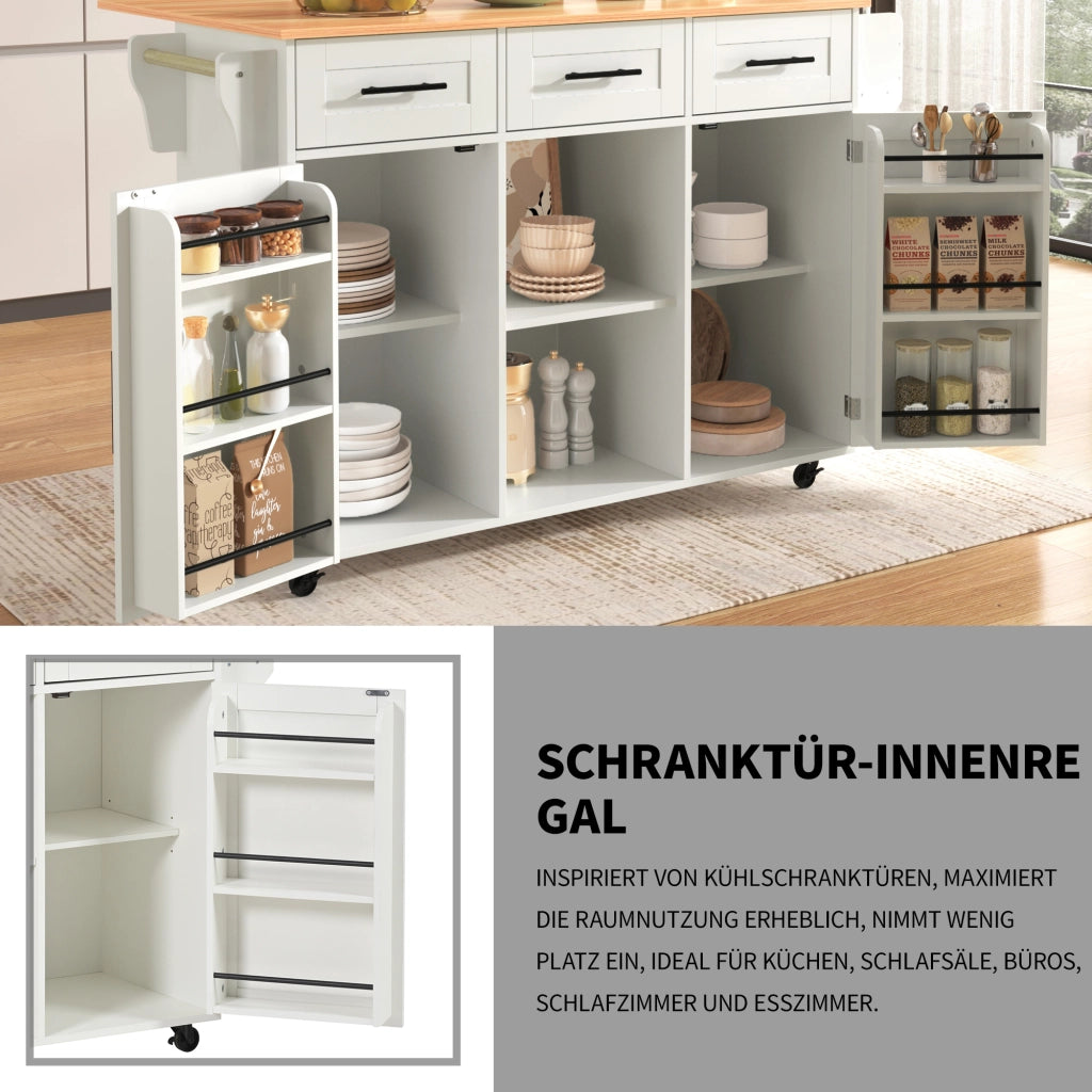 Carrello da Cucina con 3 Cassetti; 3 Scomparti; Piano Ribaltabile; Portasciugamani e Ruote 139x46x91;5 cm