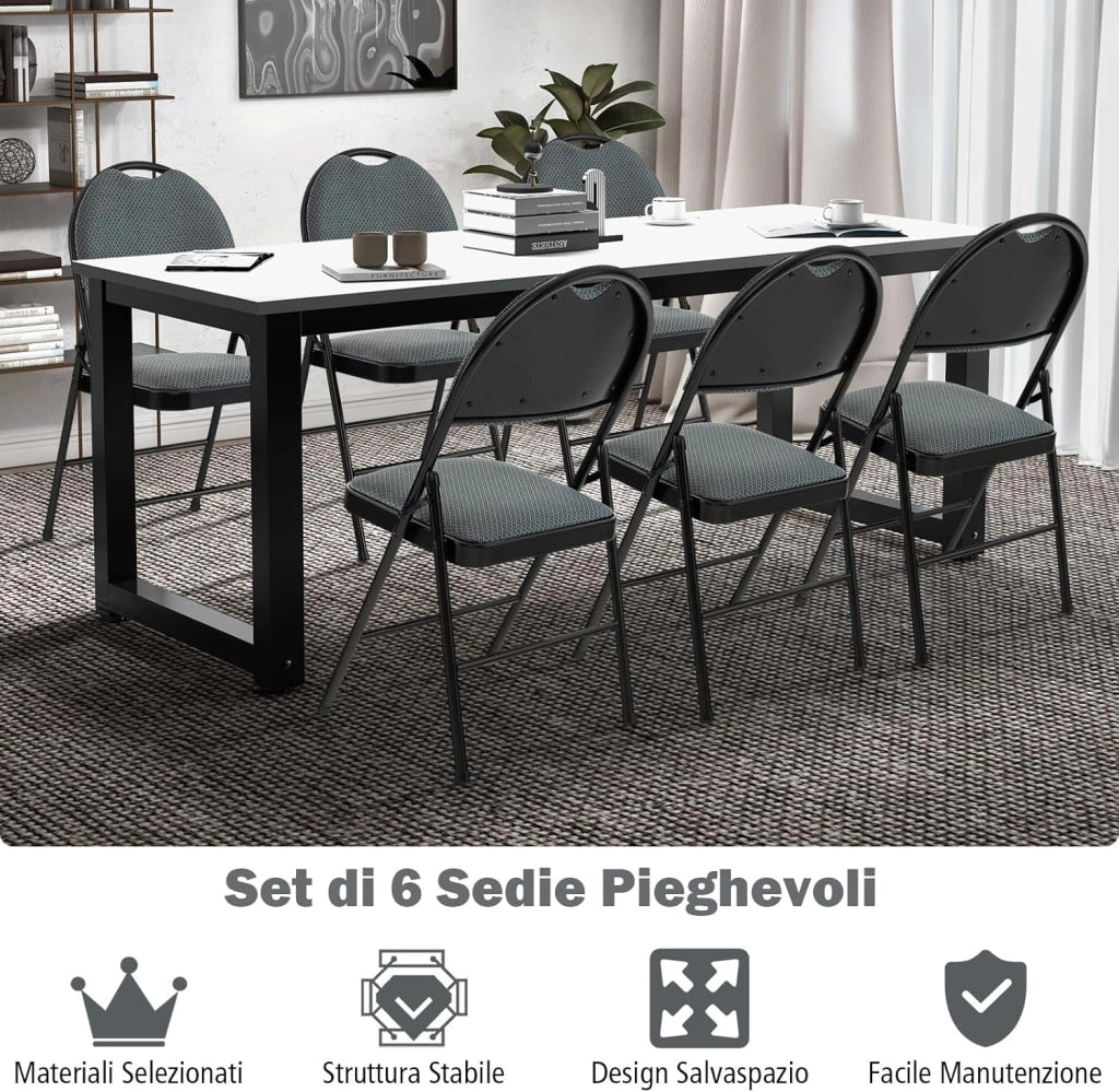 Set di 4 Sedie Pieghevoli, Sedie da Pranzo con Seduta Imbottita e Schienale Rivestito in Tessuto, con Gambe in Metallo, Sedia Portatile per Soggioro, Ufficio, Portata 120 kg (Grigio)