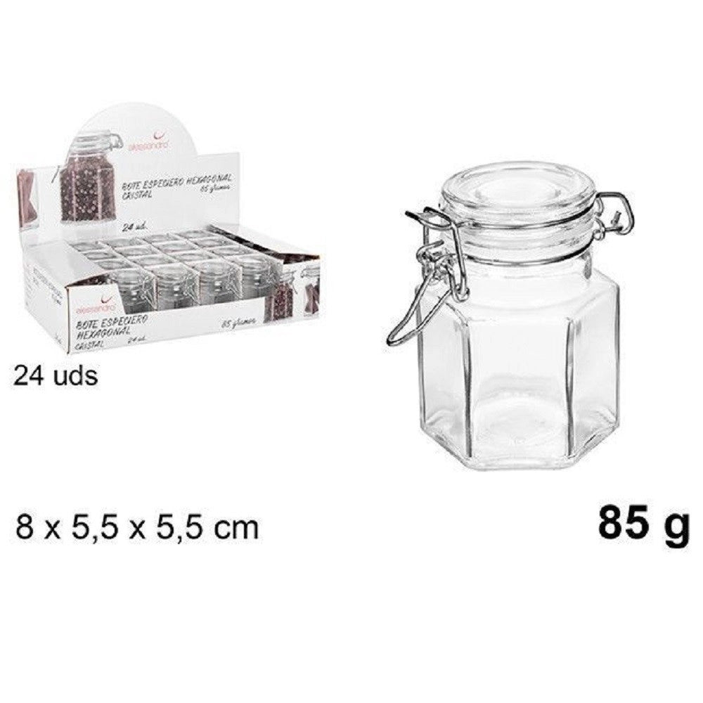 Trade Shop - Set 24 Pezzi Barattolo Esagonale Vasetto Con Tappo Porta Spezie Vetro 85g 100829 -
