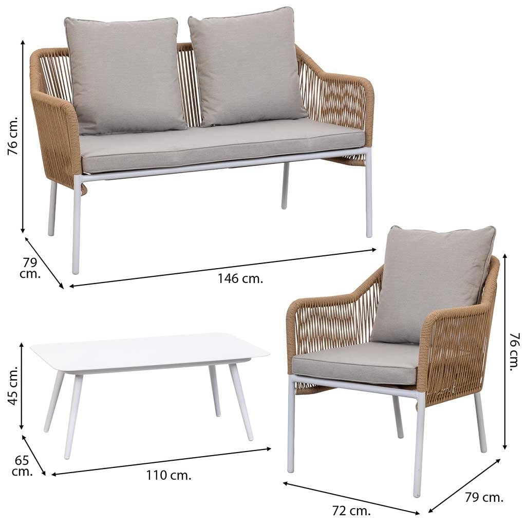 Tavolo, divano e 2 poltrone beige, 110x65x45, 72x79x76, 146x79x76