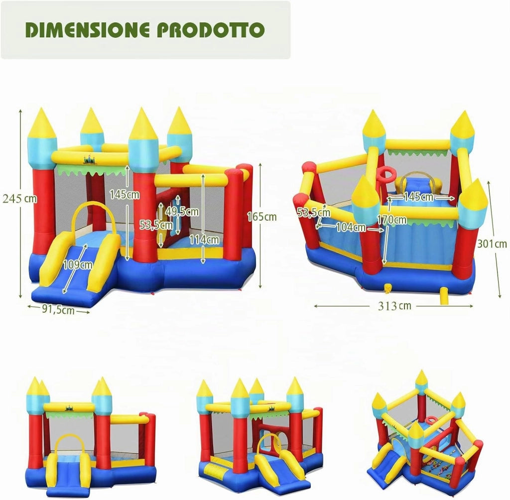 Castello Gonfiabile Per Bambini, con Scivolo, 100 Palline, Borsa di Trasporto e Kit di Riparazione, per 3 Bambini 3-10 anni, Regalo Perfetto per Bambini (con Soffiatore)