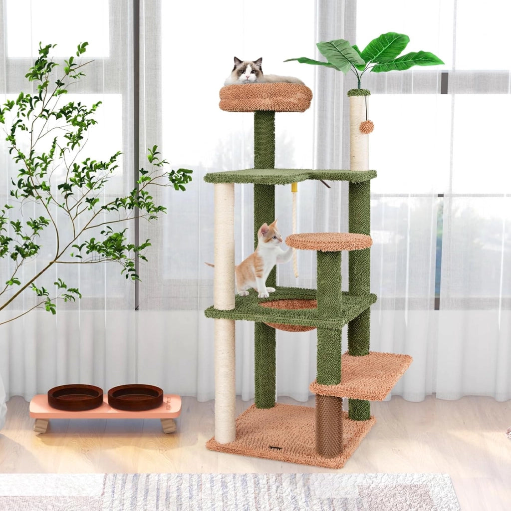 Albero per Gatti 152 CM, Tiragraffi per Gatti in Sisal con Posatoio in Peluche, Giocattolo Appeso, Autopulizia, Pianta Finta e Piattaforme di Salto, Centro Attività per Gattini