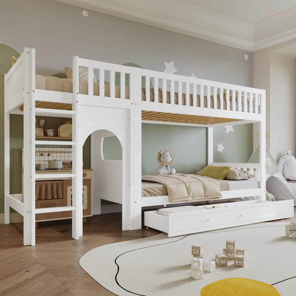 Letto a castello per bambini 90x200 cm, scala dritta a 4 gradini, sponde su 4 lati, bianco/naturale