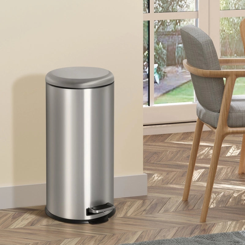 Pattumiera a pedale 30 L in acciaio inox con secchio interno e coperchio a ribalta, colore argento