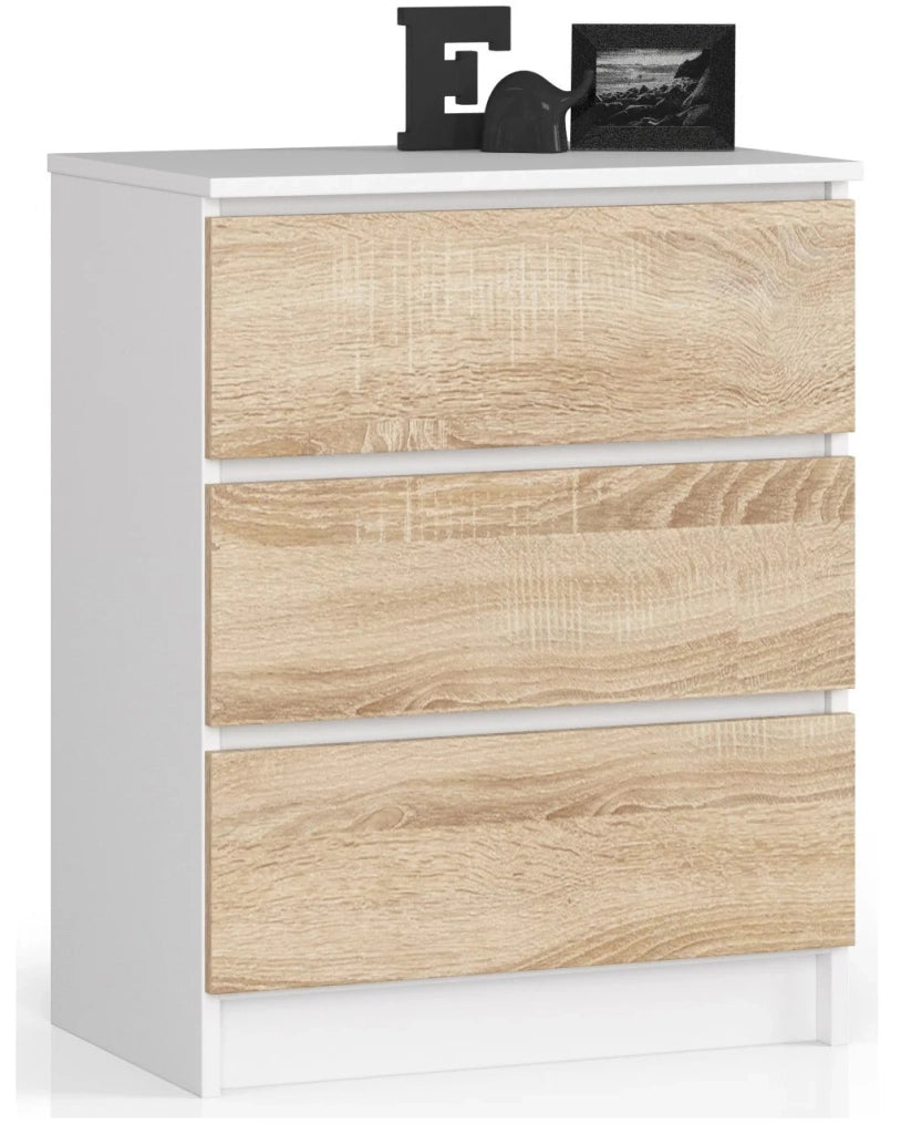 Cassettiera AKORD K60 Cassettiera Bianca 60 cm 3 cassetti inserto frontale Sonoma Quercia 60x40x77 cm