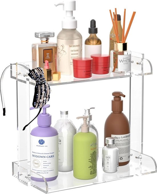 Organizzatore per la camera da bagno a due livelli, tavolo, antiscivolo, impermeabile, resistente all'umidità, organizzatore per la cucina, ripiano, organizzatore trasparente in acrilico per trucchi, organizzatore per la commoda, tavolo