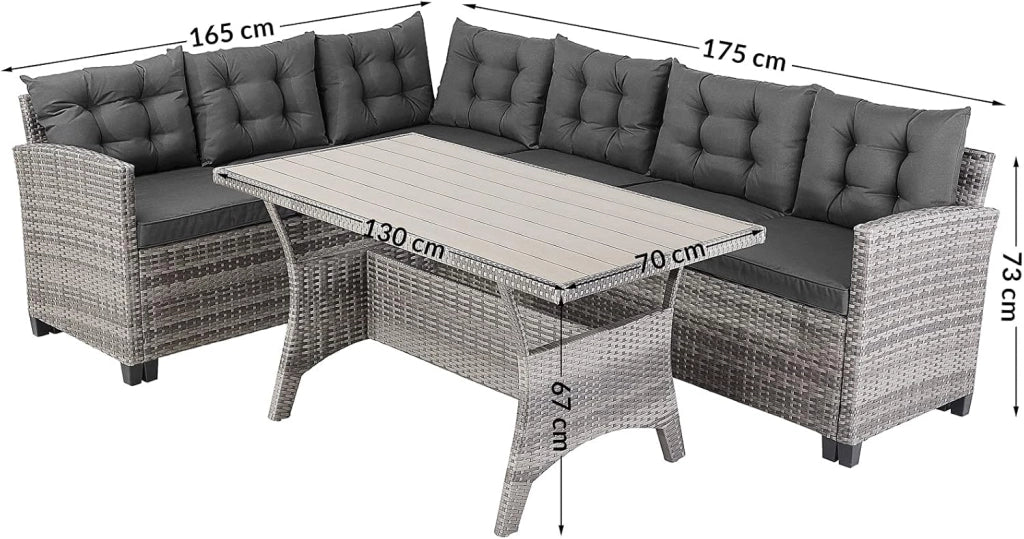 Set Salottino Lounge Polyrattan WPC Tavolo da Pranzo con Copriseduta Cuscini Idrorepellenti Mobili Esterno