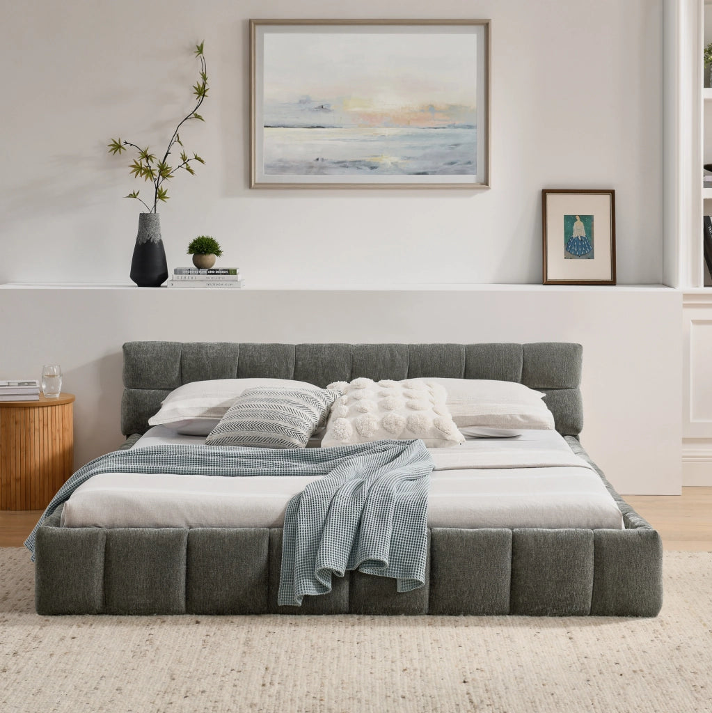 Letto matrimoniale 160x200 cm in chenille Dark Gray con struttura in eucalipto e ferro