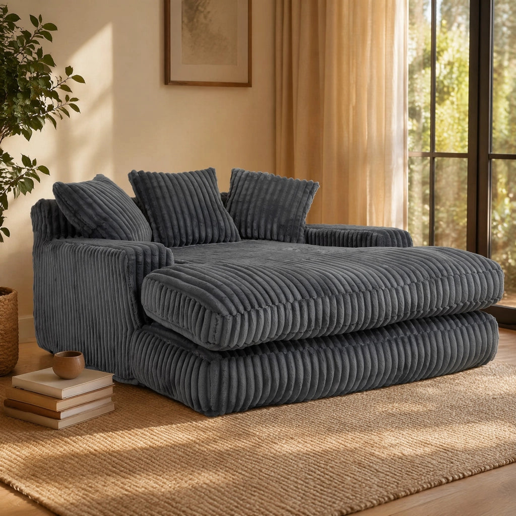 Méridienne con 3 Cuscini Design Ergonomico in Velluto a Coste Grigio Scuro 125 × 155 × 63 cm