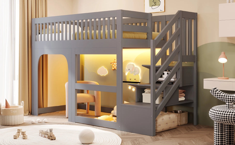 Letto a soppalco per bambini 90 × 200 cm con scala contenitore, LED e spazio aperto, senza materasso, grigio