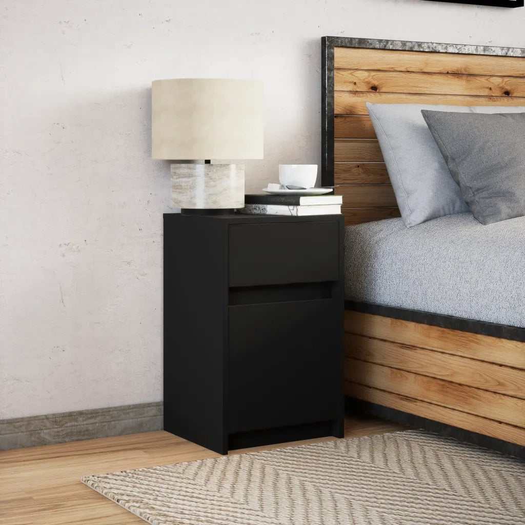 Comodino con Luci LED-Tavolino da notte Nero in Legno Multistrato 672441