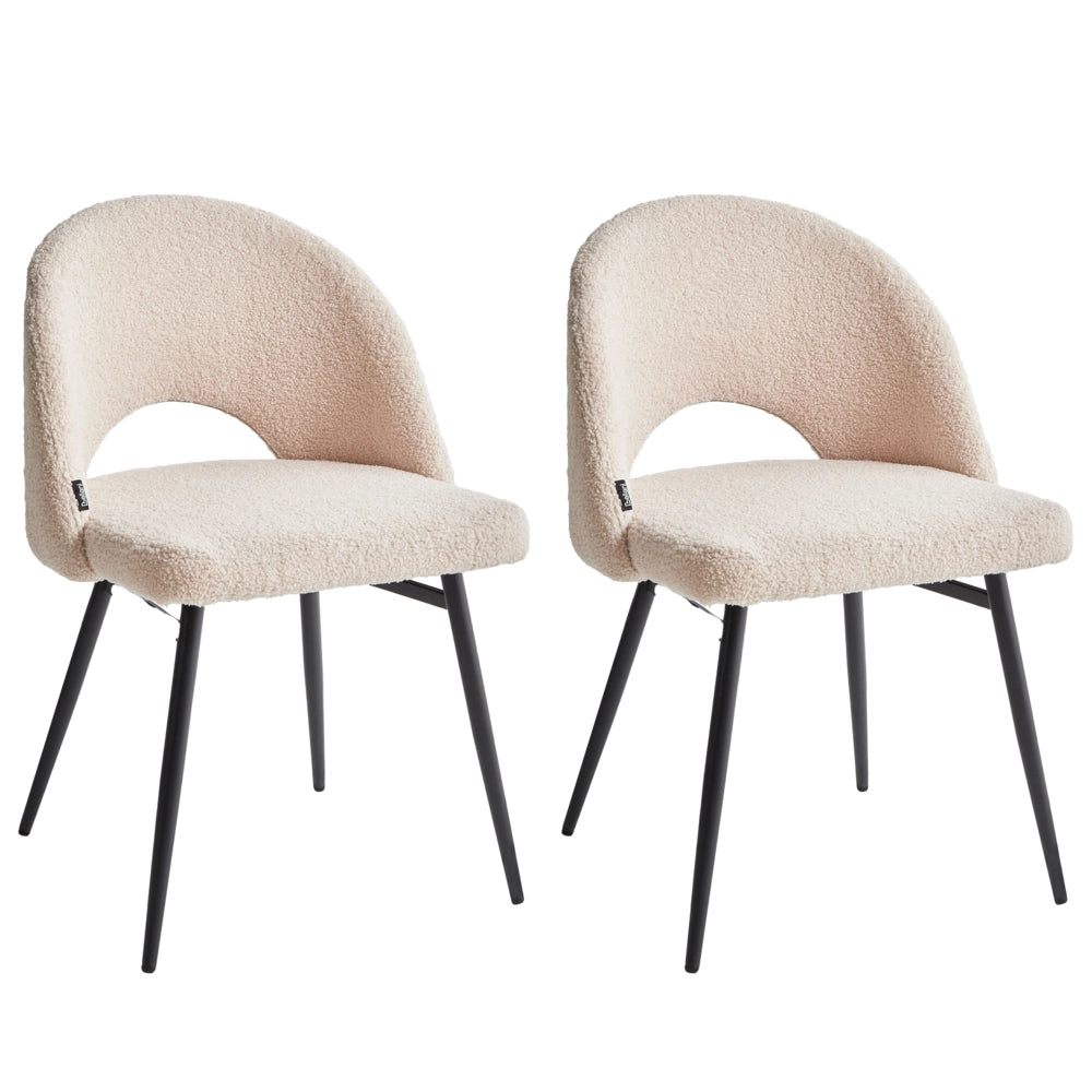 Set di 2 sedie da pranzo bouclè in tessuto beige braccioli schienale intagliato gambe in metallo moderna industriale