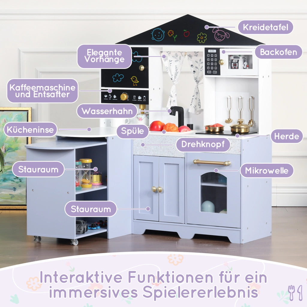 Cucina giocattolo per bambini con lavello, forno, microonde, caffettiera, isola cucina e credenze in MDF lilla
