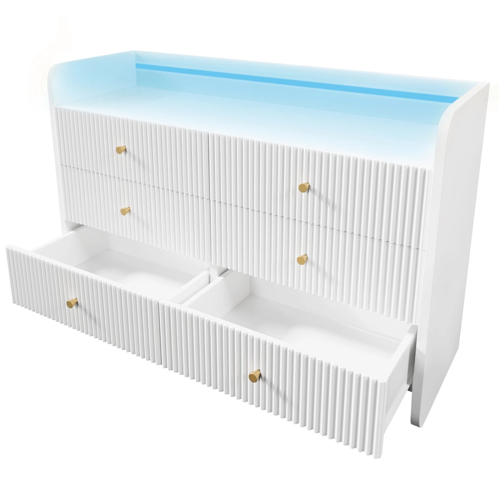 Credenza 120x40x75 cm con LED; 6 cassetti e vano aperto; pannello truciolare bianco