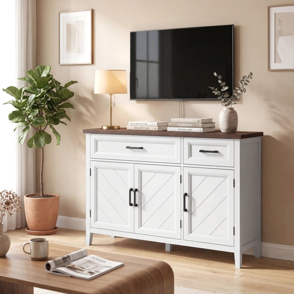 Credenza da Cucina 110x35x80,5 cm con 3 Ante a Fienili 2 Cassetti e 2 Ripiani Regolabili in Legno Bianco