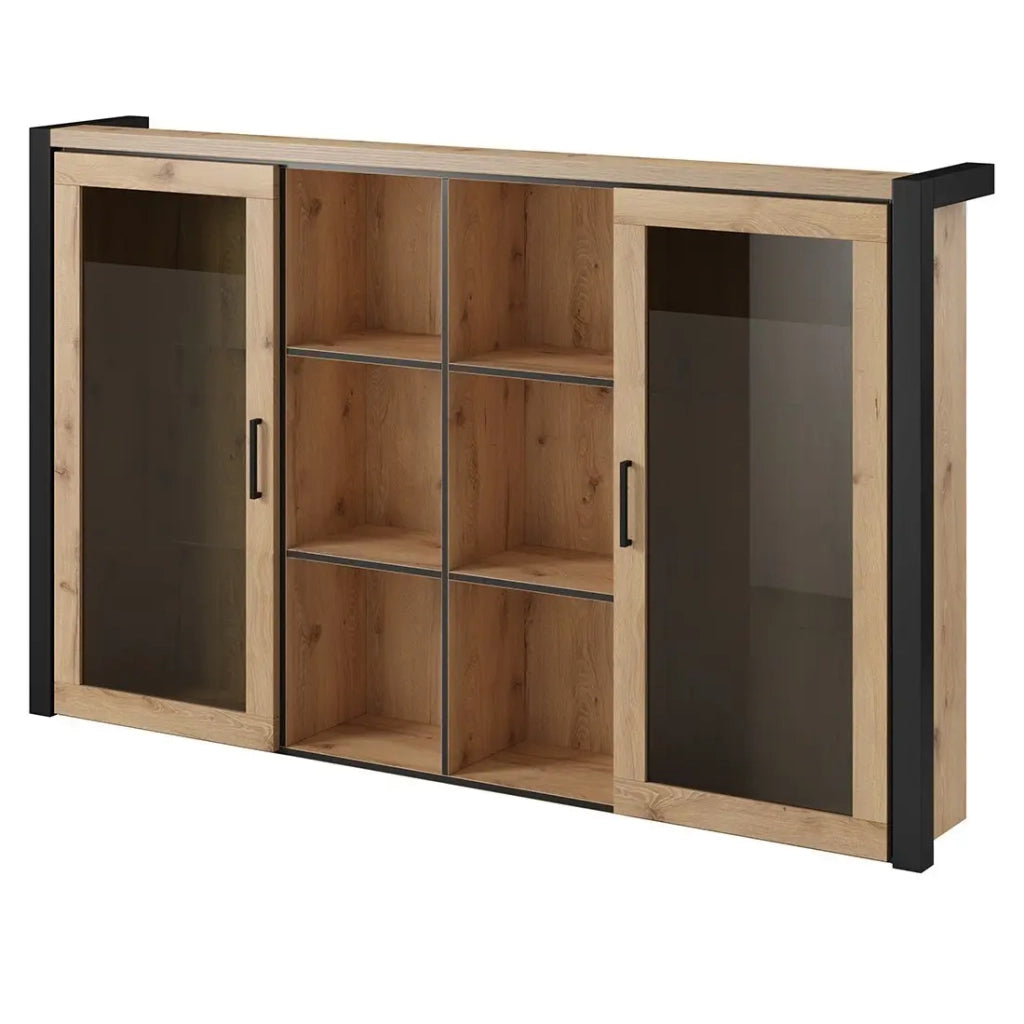 Credenza collezione TIVORA. 2 porte e 6 vani centrali. Colore quercia e nero.