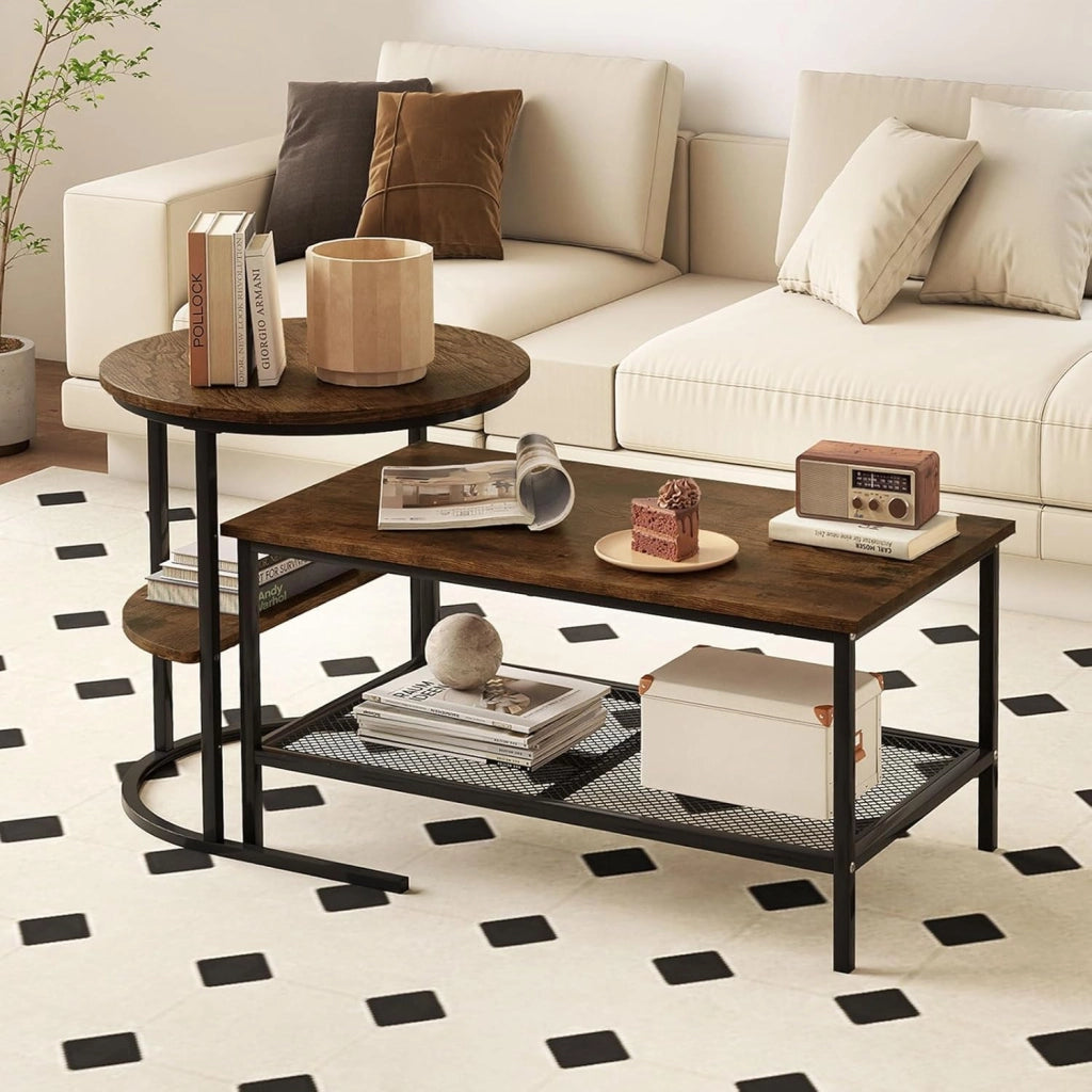 Set di Tavolini da Caffè Componibili, 2 in 1 Set di Tavoli Rimovibili con Piano in Marmo Sintetico, Tavolino Rotondo e Tavolino Rettangolare per Salotto e Camera da Letto (Nero) (Marrone)