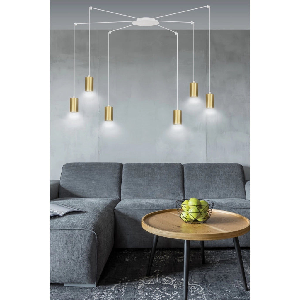 Lampada a sospensione TRAKER con diffusori oro e struttura bianca